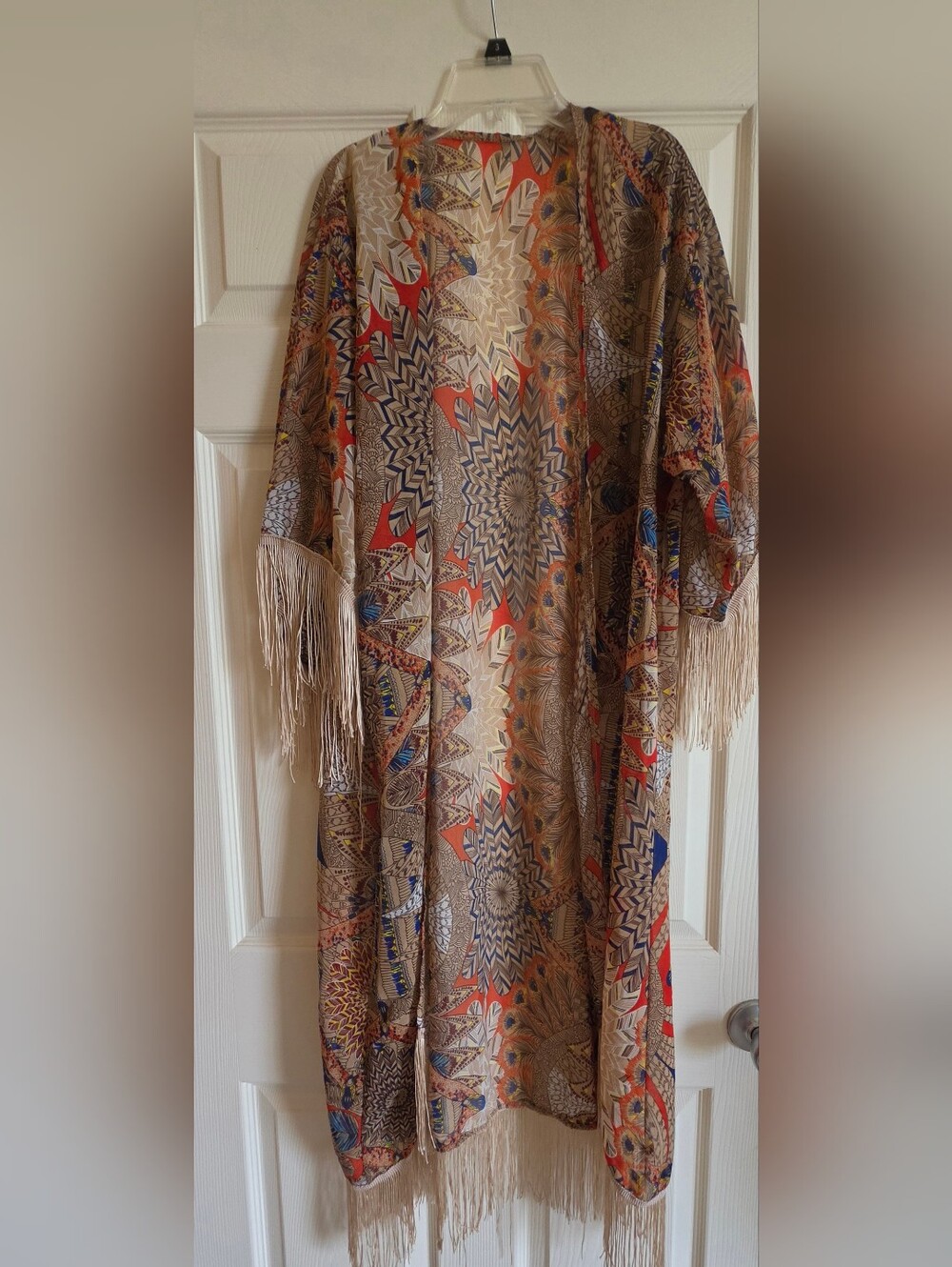 Boho Fringe Kimono Jacket in Tan Multi Size One Size